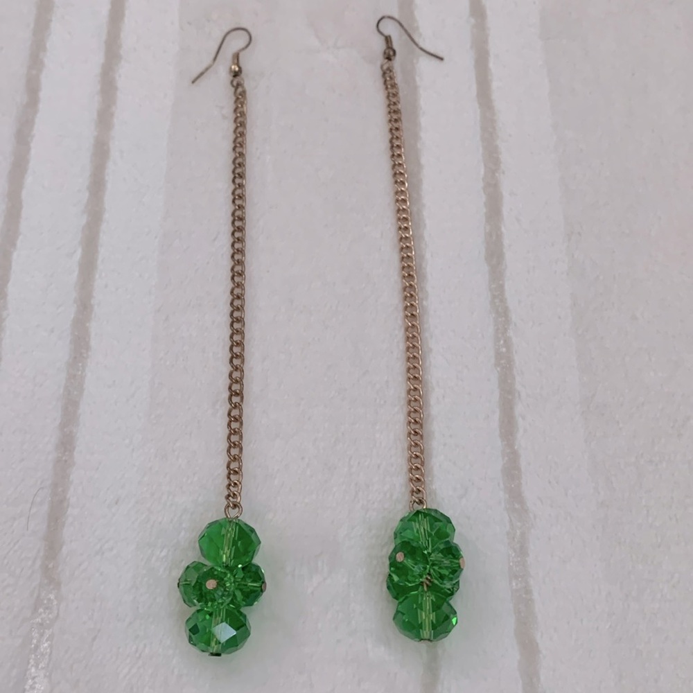 5 3/4” Dangling Gold Chain Green Crystal Beads Earrings